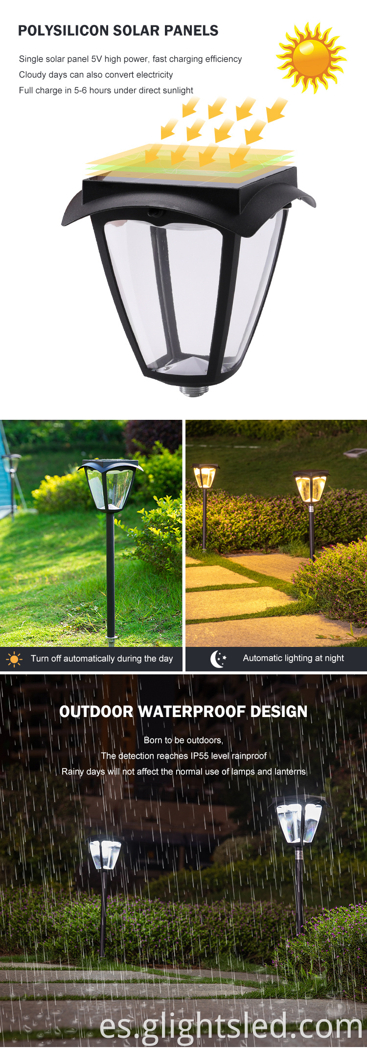 Productos principales Patio Árbol Flor Césped Impermeable al aire libre IP55 Jardín 1.5W Luz LED solar con punta